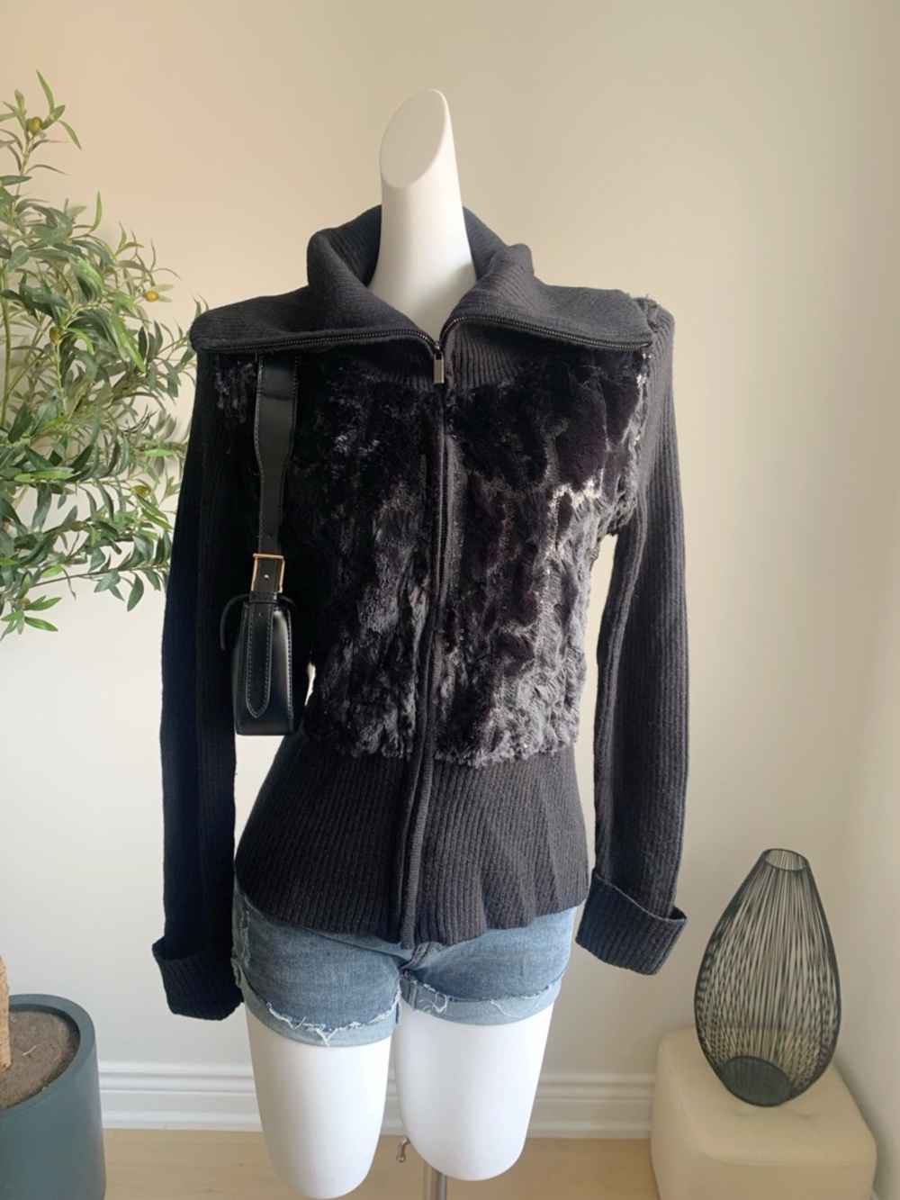 NWT Cache Black Faux Fur Sequin Zip Sweater Jacket L